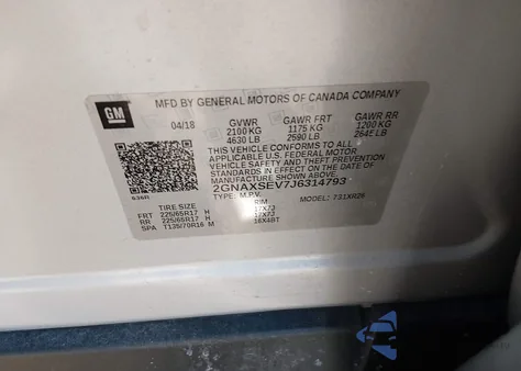 2018 Chevrolet Equinox Lt z USA, uszkodzony, nr VIN 2GNAXSEV7J6314793